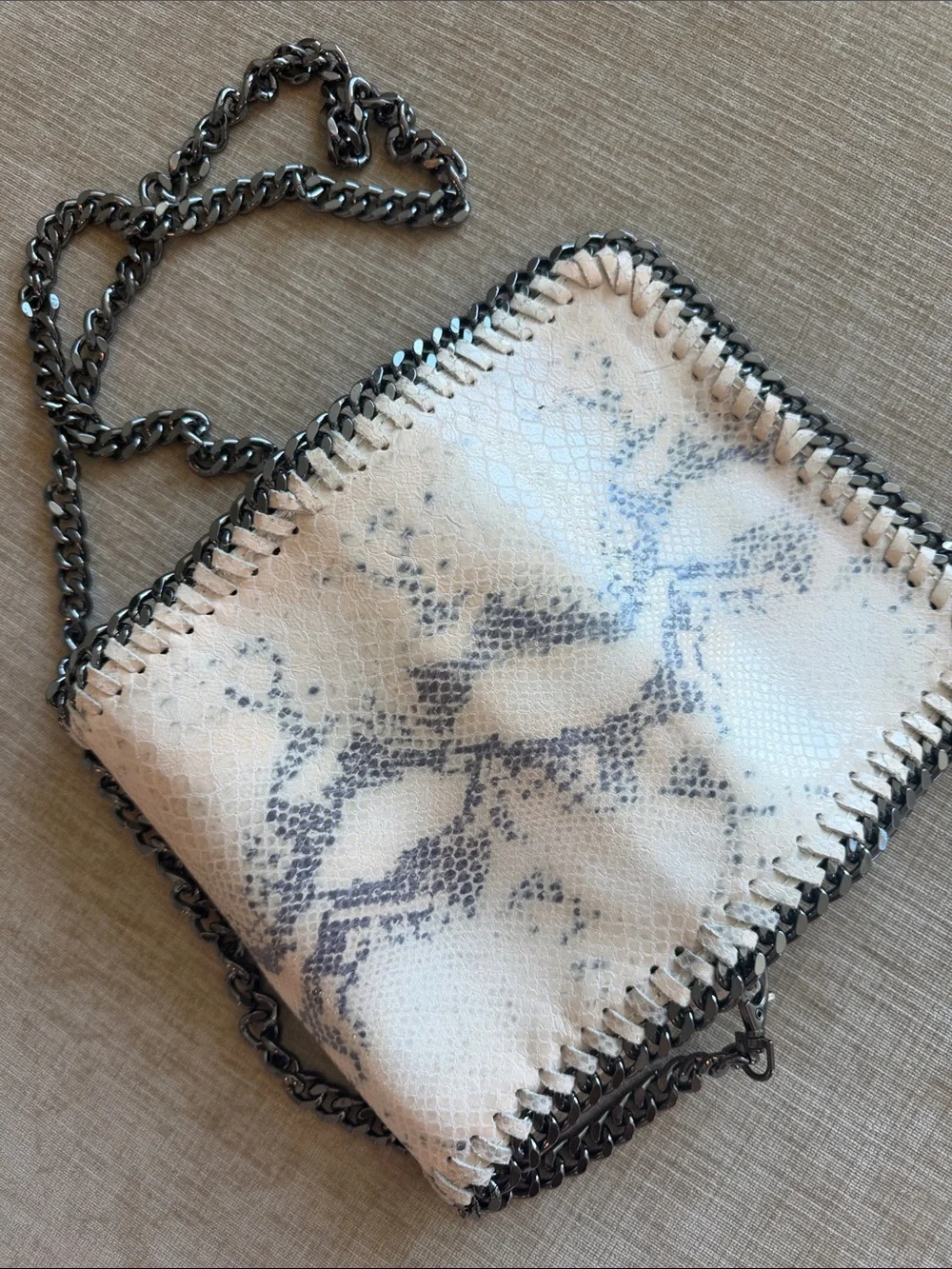 Leather White Snake-Print Crossbody with Gunmetal Chain